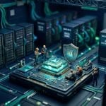 Tilt-shift miniature data centre with a glowing AI microchip, representing Australia's Office of AI and the national data centre framework