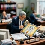 Tilt-shift miniature scene of an auditor examining a certificate with a magnifying glass in an office