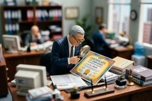 Tilt-shift miniature scene of an auditor examining a certificate with a magnifying glass in an office
