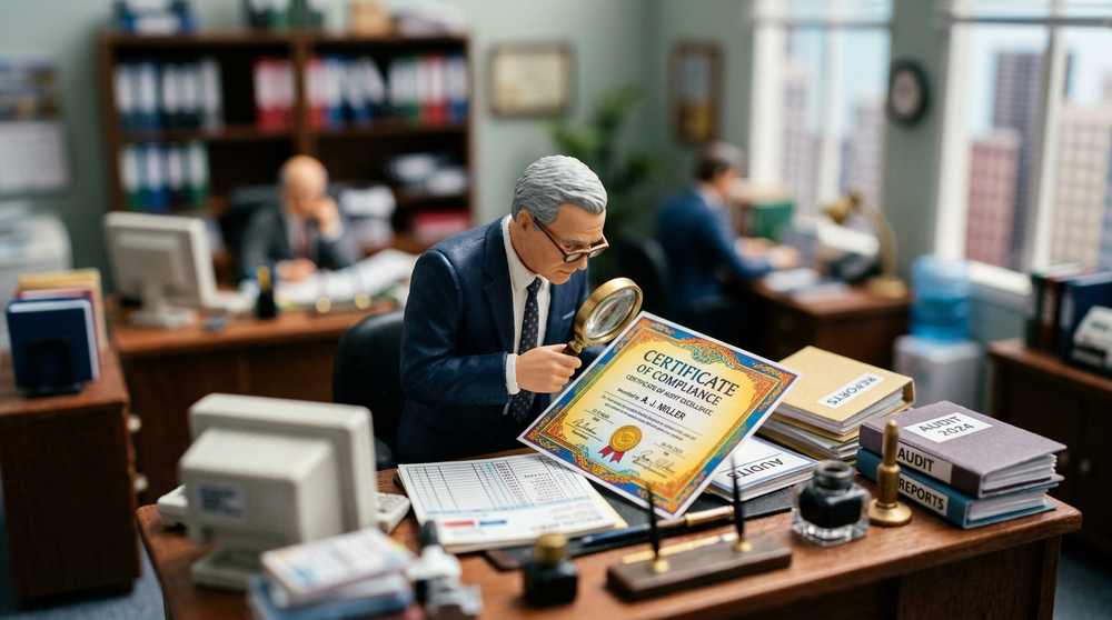 ISO Accreditation vs Certification: What's the Difference? Tilt-shift miniature scene of an auditor examining a certificate with a magnifying glass in an office