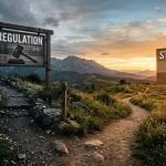Fork in a mountain trail with two signposts: Regulation with a gavel and Standard with a checklist