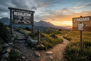 Fork in a mountain trail with two signposts: Regulation with a gavel and Standard with a checklist