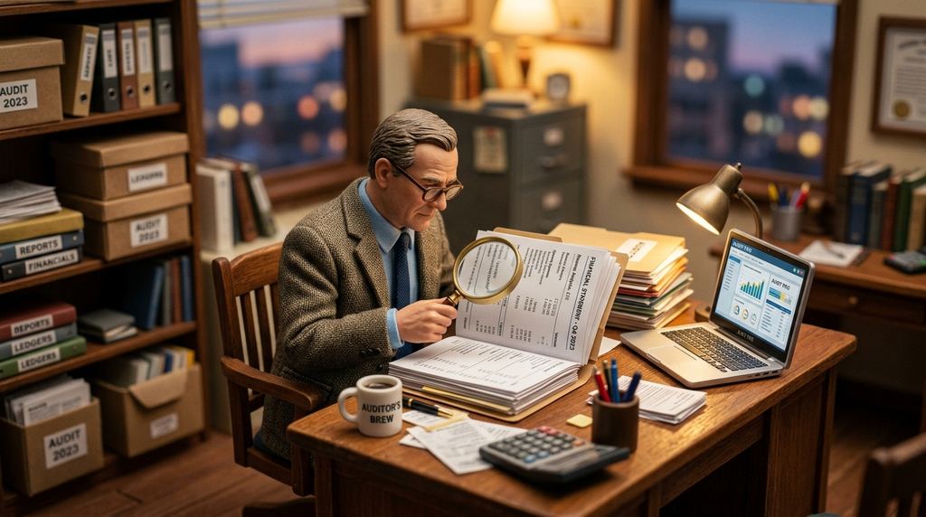 Consultant and auditor reviewing documents at a desk