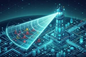 Tilt-shift lighthouse over a digital landscape, representing cyber and information security advisory
