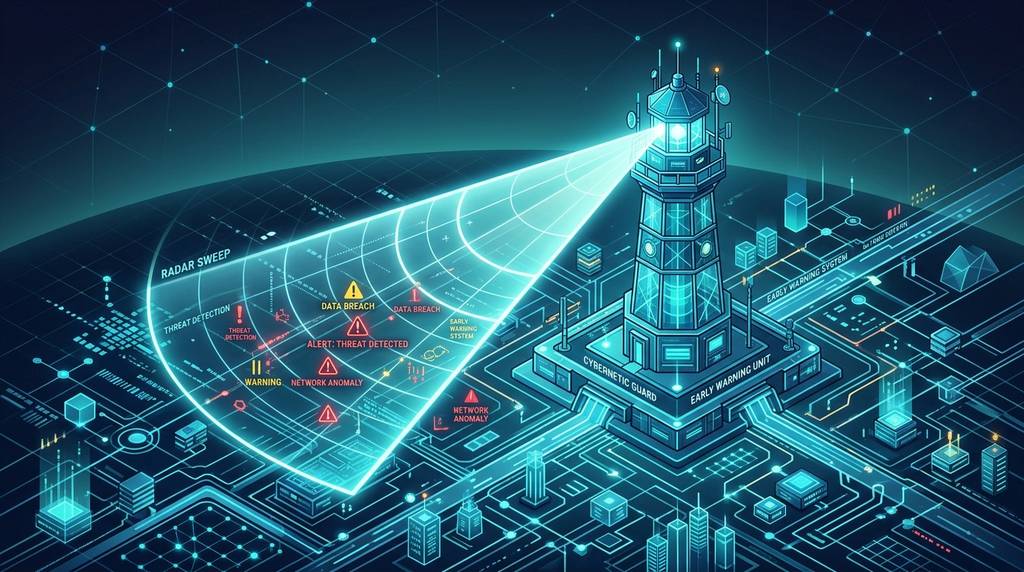Tilt-shift lighthouse over a digital landscape, representing cyber and information security advisory