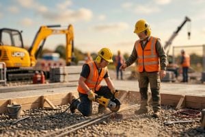Tilt-shift miniature of a worker operating equipment unsupervised while a trainer reviews the procedure nearby, illustrating the gap between assumed and demonstrated competence