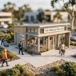 Tilt-shift miniature of a business surrounded by its interested parties: a customer, worker, regulator, supplier and neighbour