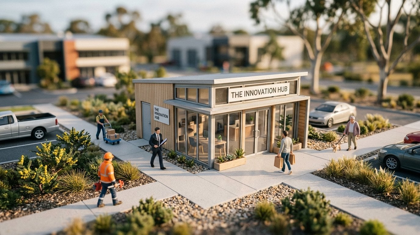 Tilt-shift miniature of a business surrounded by its interested parties: a customer, worker, regulator, supplier and neighbour