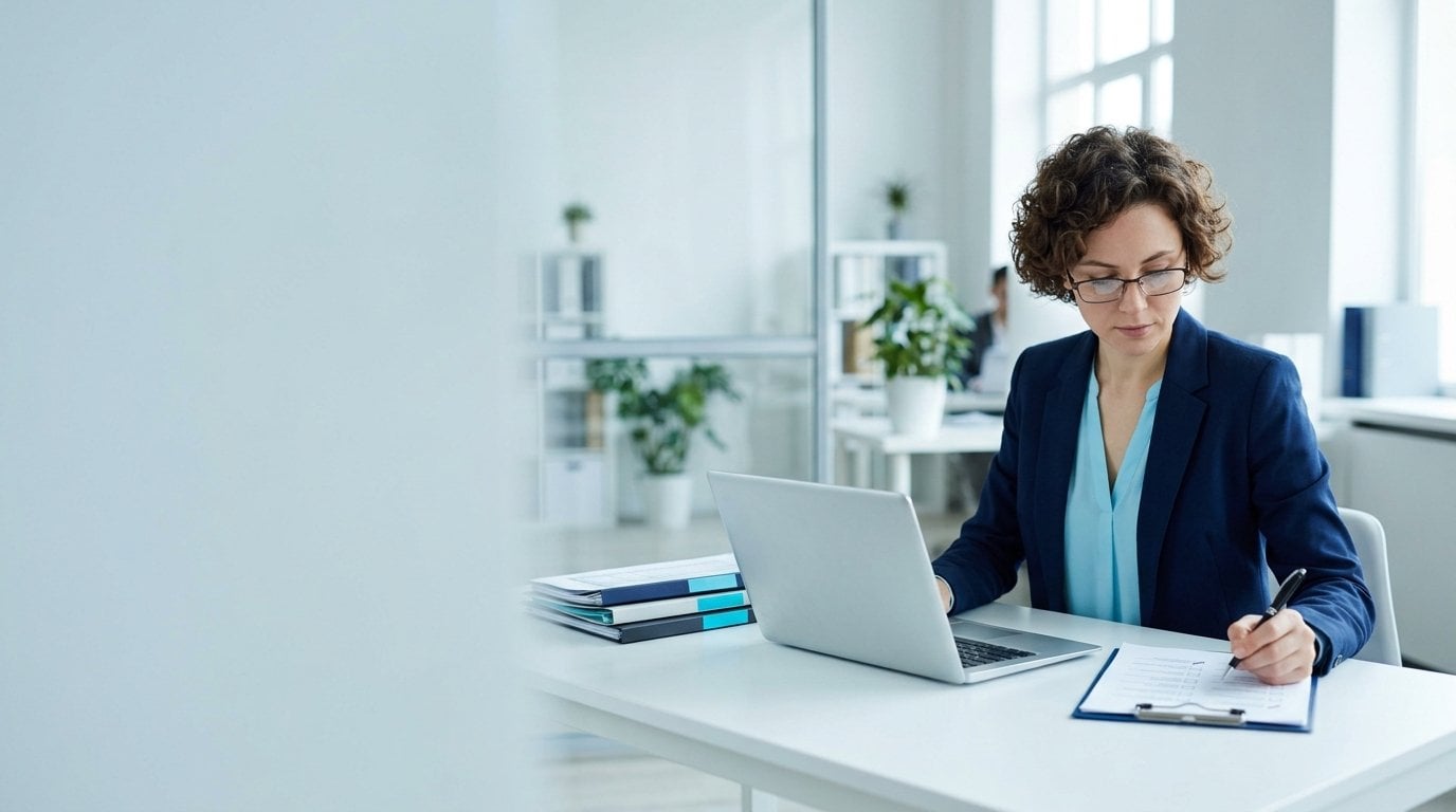 Independent ISO Internal Audit Services Australia (Clause 9.2) Internal auditor working through an ISO audit checklist and records at an office desk