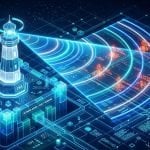 Tilt-shift miniature lighthouse over a digital landscape, representing navigating cyber risk, insurance and information security