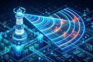 Tilt-shift miniature lighthouse over a digital landscape, representing navigating cyber risk, insurance and information security
