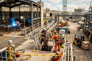 Tilt-shift miniature of a worksite confined-space rescue, with a tripod, winch and standby person, while welding and a forklift continue in the background