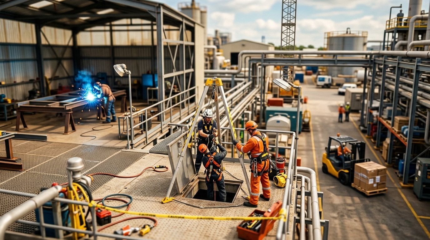 Tilt-shift miniature of a worksite confined-space rescue, with a tripod, winch and standby person, while welding and a forklift continue in the background