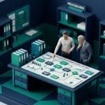 Tilt-shift miniature of a consultant and business owner reviewing quality management documents, illustrating the ISO 9001:2026 transition