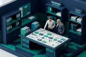 Tilt-shift miniature of a consultant and business owner reviewing quality management documents, illustrating the ISO 9001:2026 transition