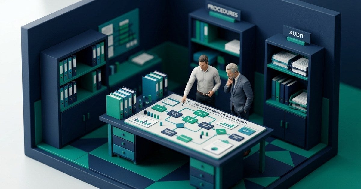 Tilt-shift miniature of a consultant and business owner reviewing quality management documents, illustrating the ISO 9001:2026 transition