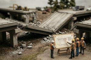 Tilt-shift miniature of a collapsed bridge with engineers at a drawing board tracing the failure back to the design
