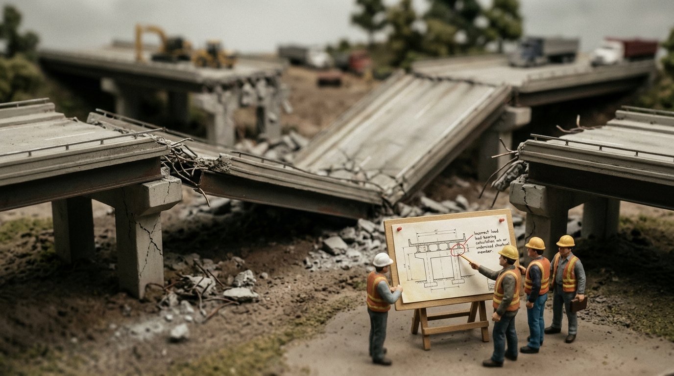 Tilt-shift miniature of a collapsed bridge with engineers at a drawing board tracing the failure back to the design