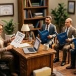 Tilt-shift miniature of a business owner at a desk holding a sheet headed Questions and Concerns, facing three consultants who each hold an identical Consulting Report folder