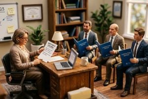 Tilt-shift miniature of a business owner at a desk holding a sheet headed Questions and Concerns, facing three consultants who each hold an identical Consulting Report folder