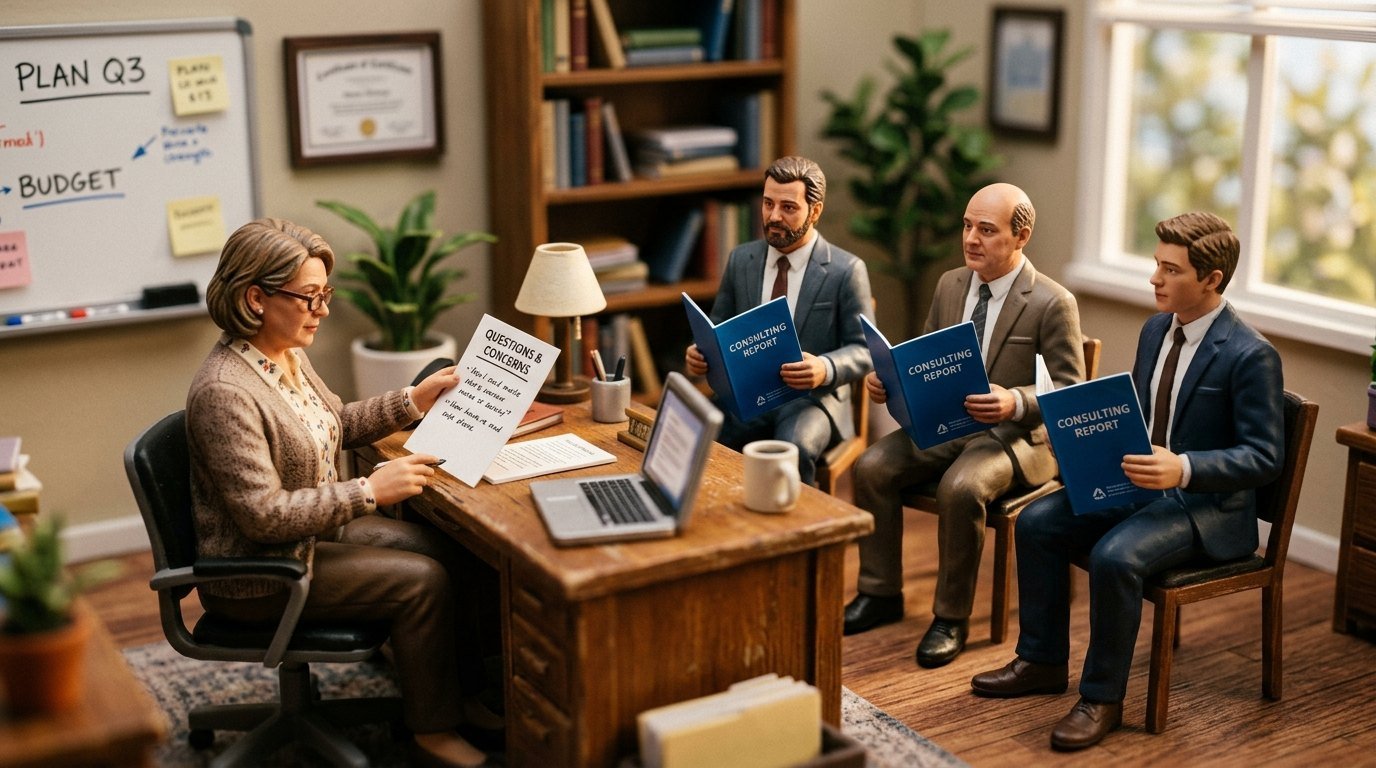 Tilt-shift miniature of a business owner at a desk holding a sheet headed Questions and Concerns, facing three consultants who each hold an identical Consulting Report folder