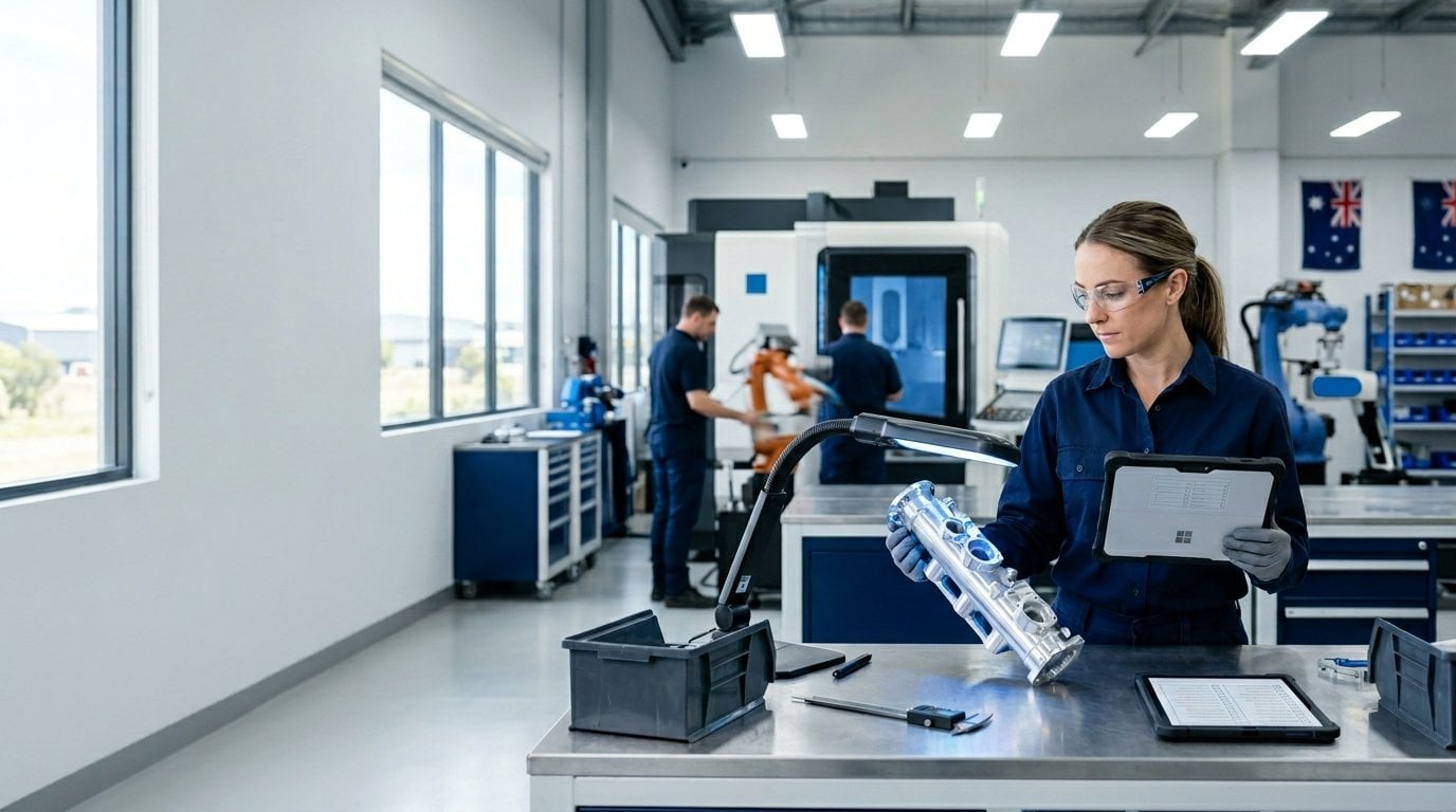 Quality inspector in an Australian machining workshop checking a machined aluminium component against a tablet record, with CNC machines and Australian flags behind