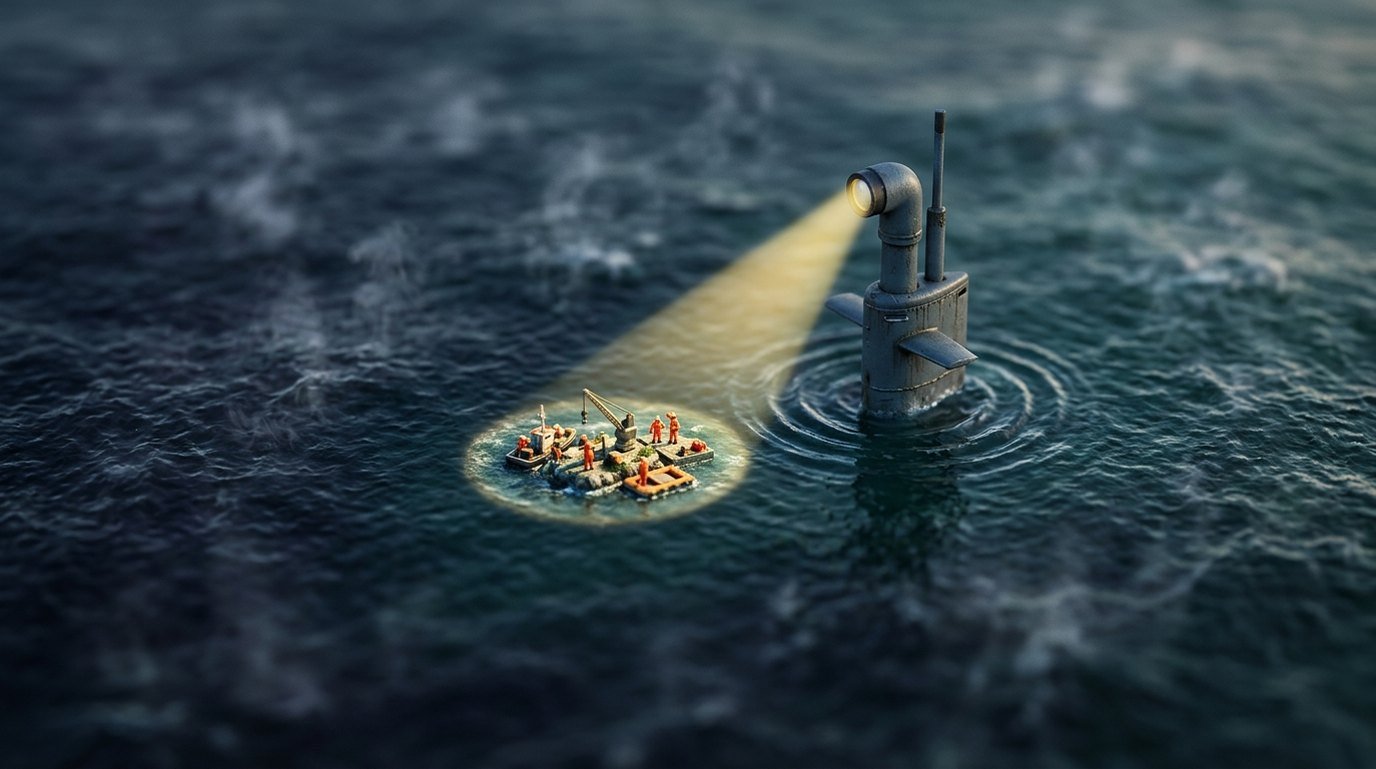Tilt-shift miniature of a submarine periscope casting a narrow cone of light onto one small island of activity in a vast dark ocean
