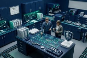 Consultant guiding a business owner through their ISO management system at a laptop