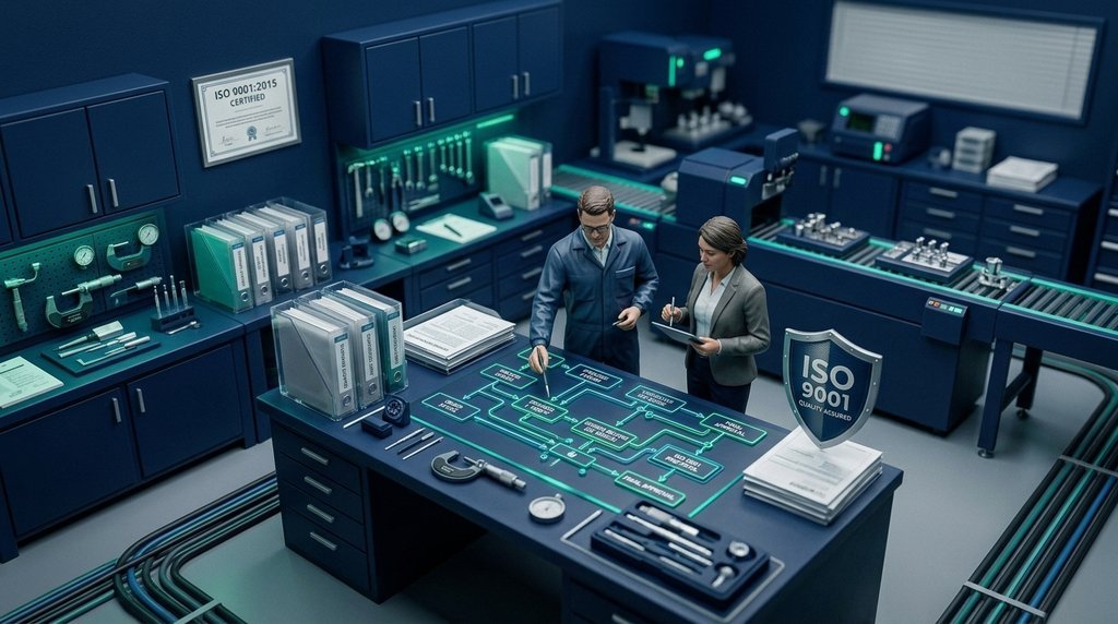 Consultant guiding a business owner through their ISO management system at a laptop