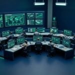 Tilt-shift miniature of a disaster-recovery control room with operators at screens, representing incident response and reasonable steps under APP 11