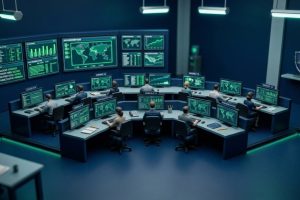Tilt-shift miniature of a disaster-recovery control room with operators at screens, representing incident response and reasonable steps under APP 11
