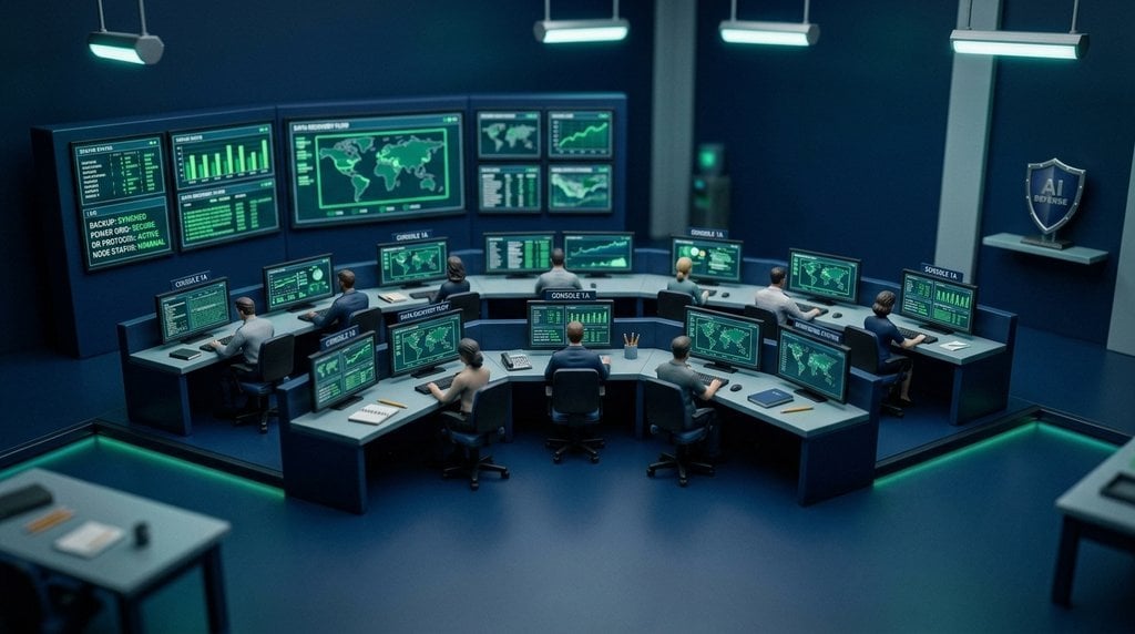 Tilt-shift miniature of a disaster-recovery control room with operators at screens, representing incident response and reasonable steps under APP 11