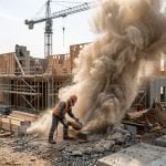 Tilt-shift construction site where a worker in a respirator uses an angle grinder on stone, throwing up a large cloud of silica dust