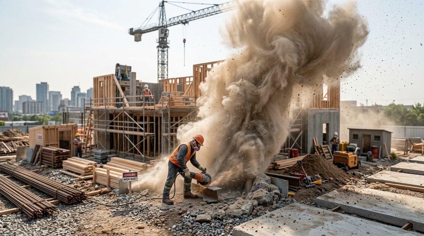 Tilt-shift construction site where a worker in a respirator uses an angle grinder on stone, throwing up a large cloud of silica dust