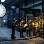 Tilt-shift miniature of four figures with torches examining an open server rack while a wall clock shows a few minutes to midnight