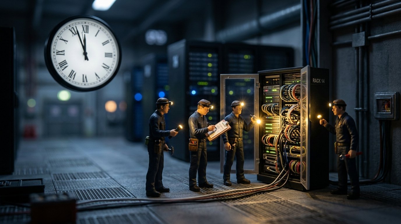 Tilt-shift miniature of four figures with torches examining an open server rack while a wall clock shows a few minutes to midnight
