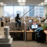 Tilt-shift office scene of a hooded scammer casting a phishing hook labelled click here at an employee's screen