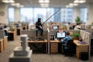 Tilt-shift office scene of a hooded scammer casting a phishing hook labelled click here at an employee's screen