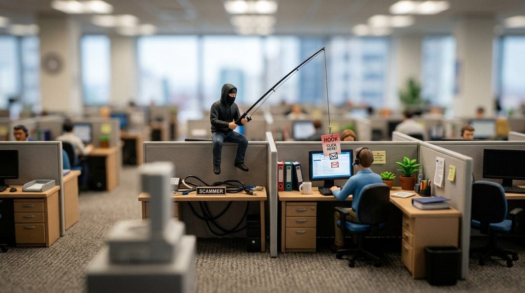 Tilt-shift office scene of a hooded scammer casting a phishing hook labelled click here at an employee's screen