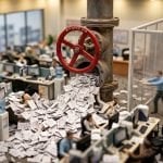 Tilt-shift miniature of an office where an oversized industrial valve marked OPEN pours paperwork over the desks, burying workers, while a figure carries papers into an empty meeting room nobody is using