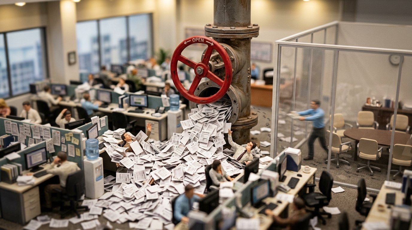 Tilt-shift miniature of an office where an oversized industrial valve marked OPEN pours paperwork over the desks, burying workers, while a figure carries papers into an empty meeting room nobody is using