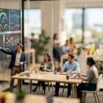 Tilt-shift miniature of a management review, with a team reviewing performance dashboards and trend charts