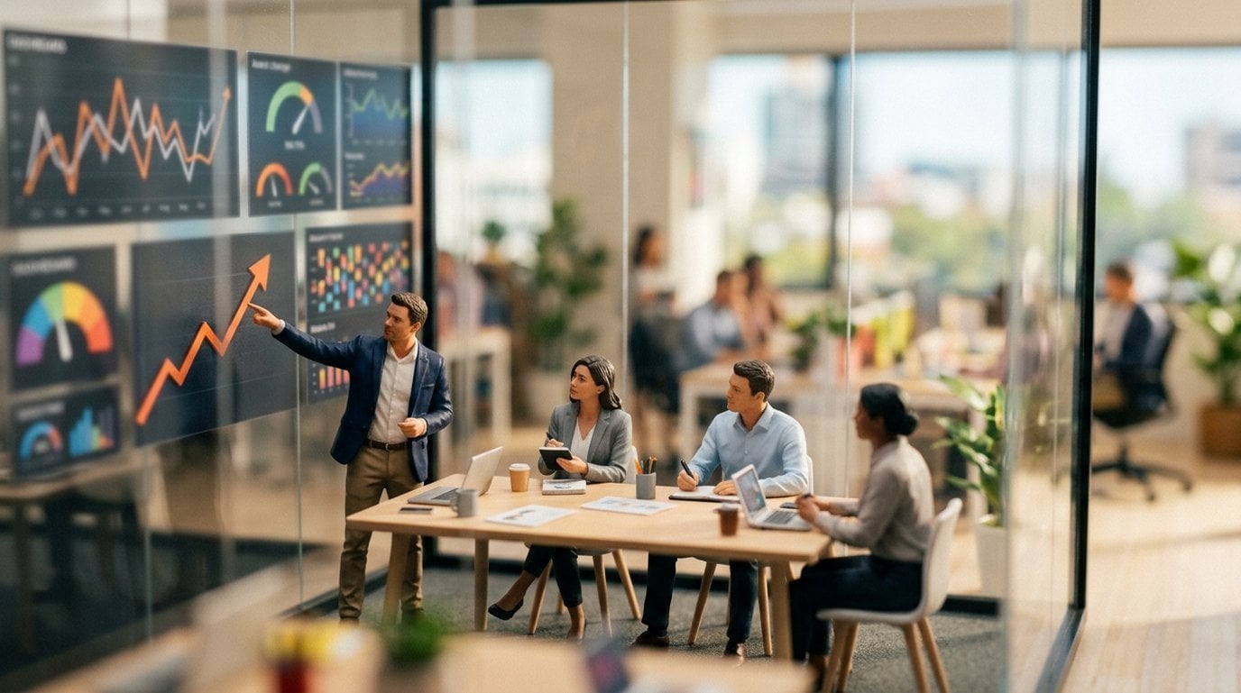 Tilt-shift miniature of a management review, with a team reviewing performance dashboards and trend charts