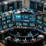 Tilt-shift miniature security operations centre with analysts watching alert and status screens