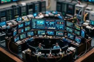 Tilt-shift miniature security operations centre with analysts watching alert and status screens