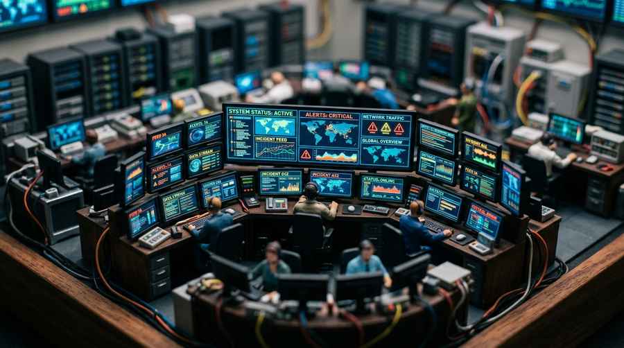 Tilt-shift miniature security operations centre with analysts watching alert and status screens