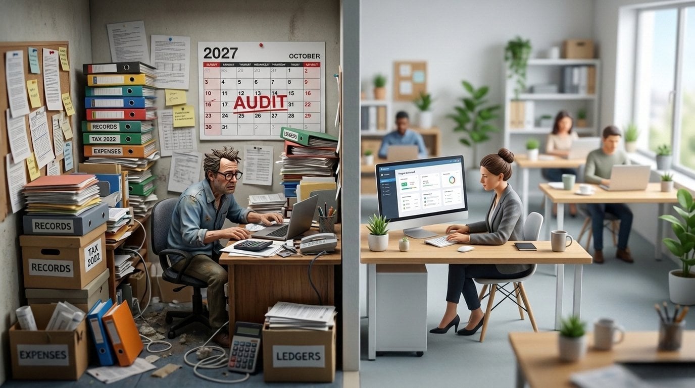 Split scene: a cramped office buried in binders before an audit, beside a calm workspace with one clean dashboard