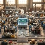 Tilt-shift miniature factory floor where records flow from each workstation into a single central dashboard