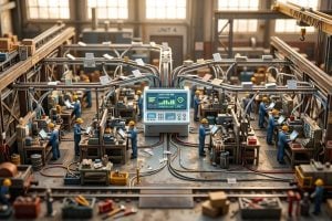 Tilt-shift miniature factory floor where records flow from each workstation into a single central dashboard