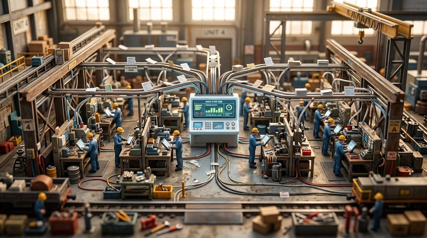 Tilt-shift miniature factory floor where records flow from each workstation into a single central dashboard